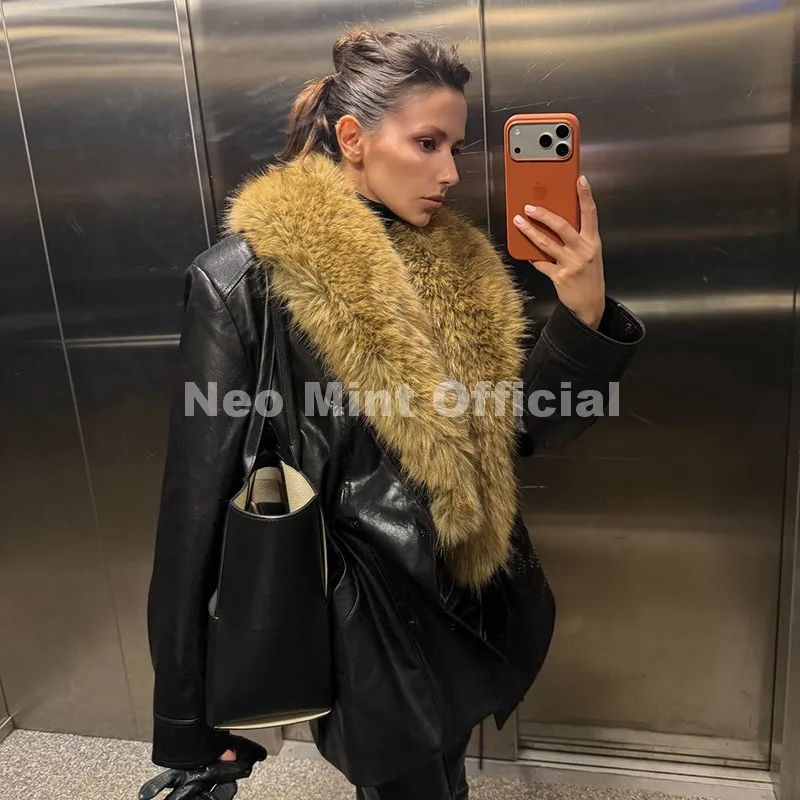 Neo Mint Luxury Brand Fashion Design Black Long Faux Leather Coat Women Detachable Fur Collar Oversized PU Leather Jacket Blazer