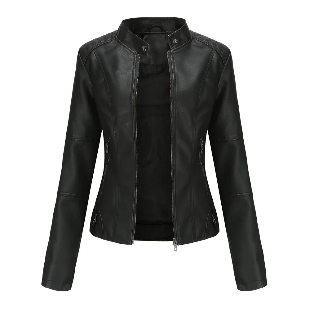 Women's Slim Fit Leather Jacket with Motorcycle Suit, Large Standing Collar, Autumn Black Zipper Outdoor Leather Windproof Top