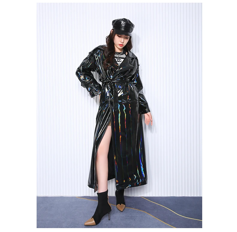 Nerazzurri Autumn Extra Long Black Holographic Shiny Reflective Stretchy Soft PVC Leather Trench Coat for Women European Fashion