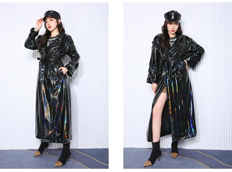 Nerazzurri Autumn Extra Long Black Holographic Shiny Reflective Stretchy Soft PVC Leather Trench Coat for Women European Fashion