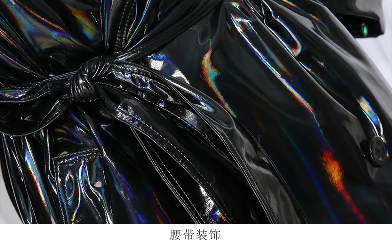 Nerazzurri Autumn Extra Long Black Holographic Shiny Reflective Stretchy Soft PVC Leather Trench Coat for Women European Fashion