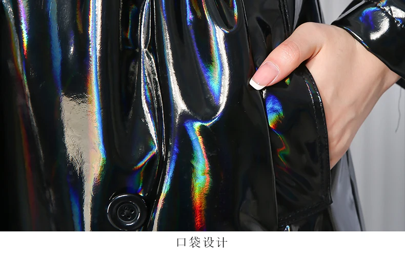 Nerazzurri Autumn Extra Long Black Holographic Shiny Reflective Stretchy Soft PVC Leather Trench Coat for Women European Fashion