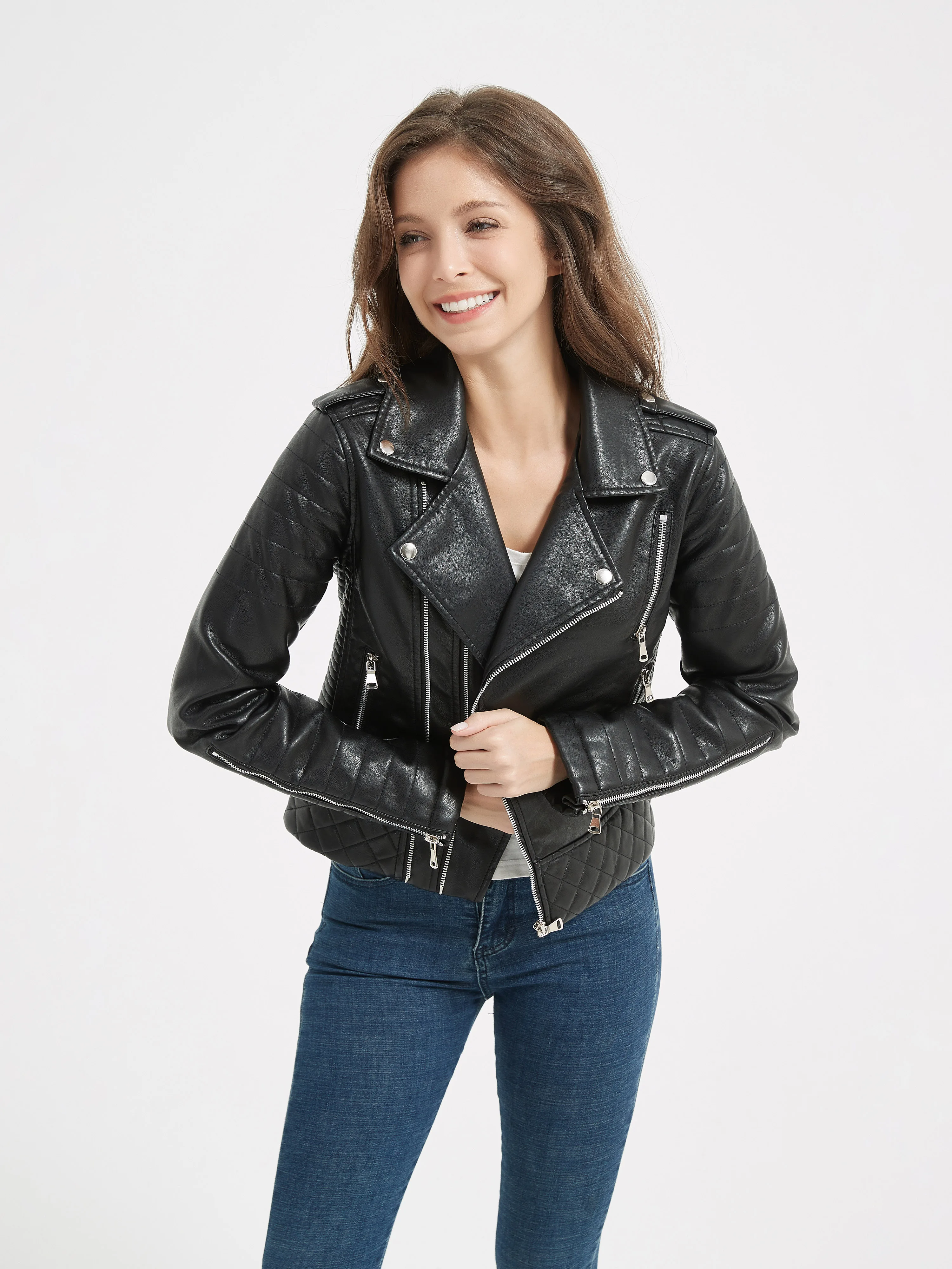 2025 New Spring Autumn Women Faux Pu Leather Short Jacket Embossed Motorcycle Biker Female Zipper Lapel Loose Coat Outwear