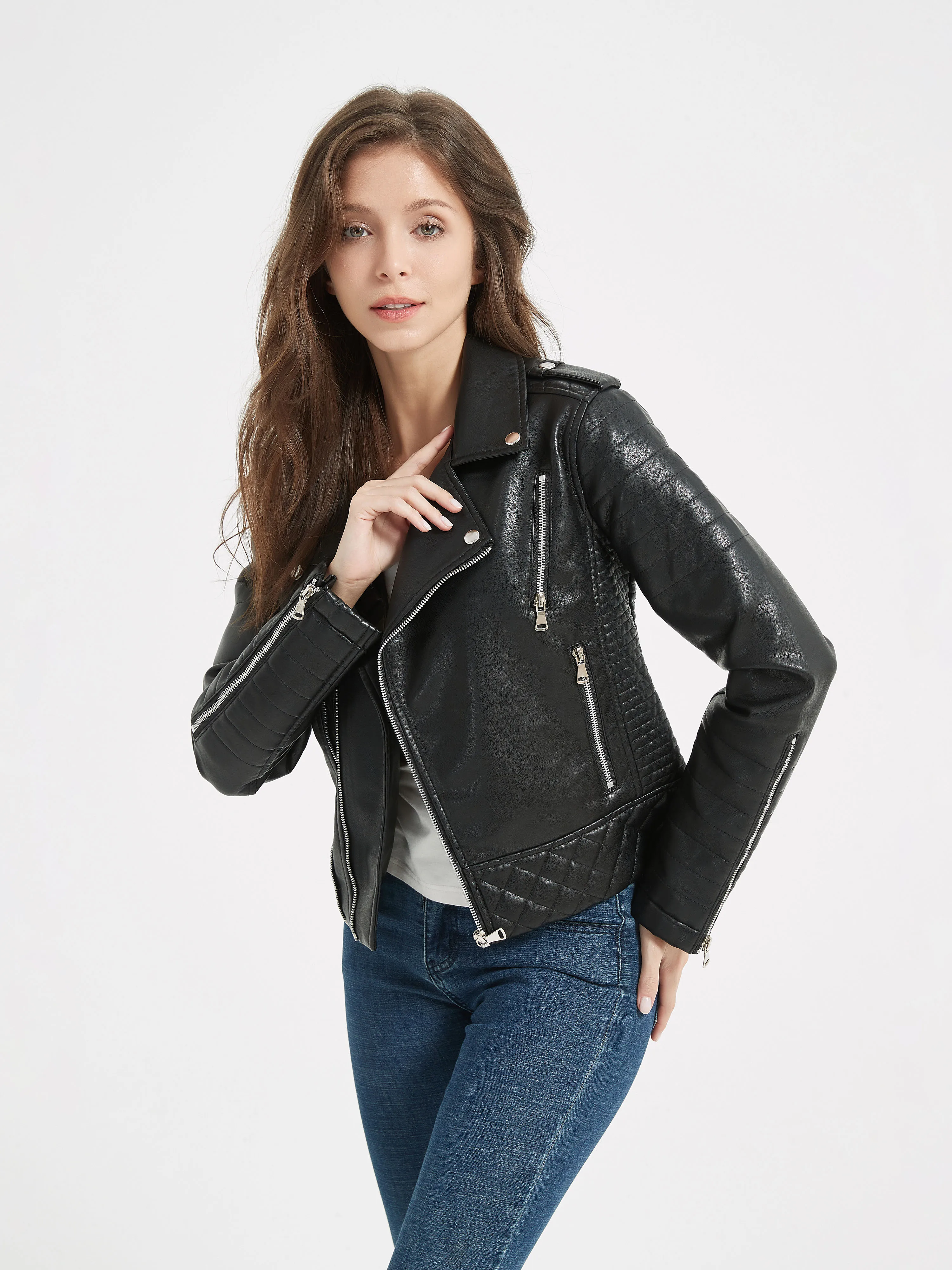 2025 New Spring Autumn Women Faux Pu Leather Short Jacket Embossed Motorcycle Biker Female Zipper Lapel Loose Coat Outwear