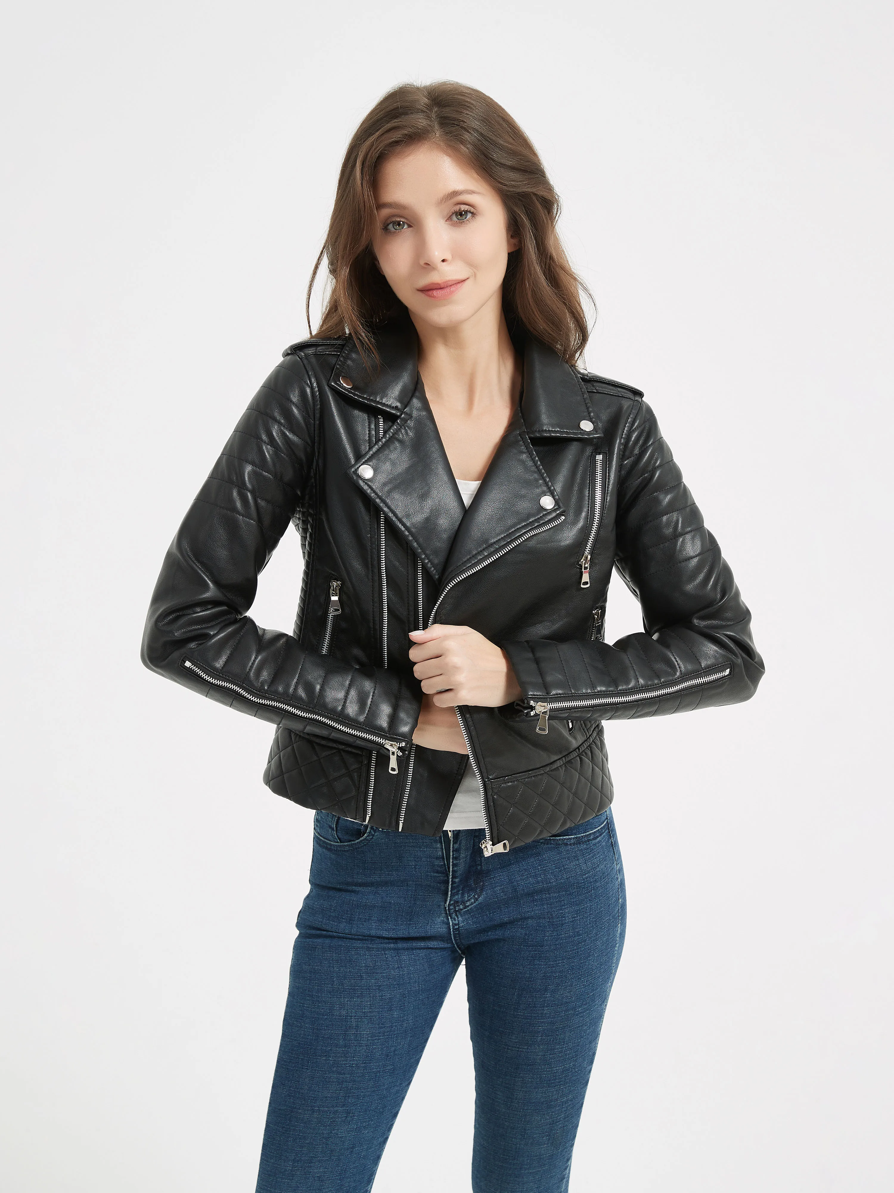 2025 New Spring Autumn Women Faux Pu Leather Short Jacket Embossed Motorcycle Biker Female Zipper Lapel Loose Coat Outwear
