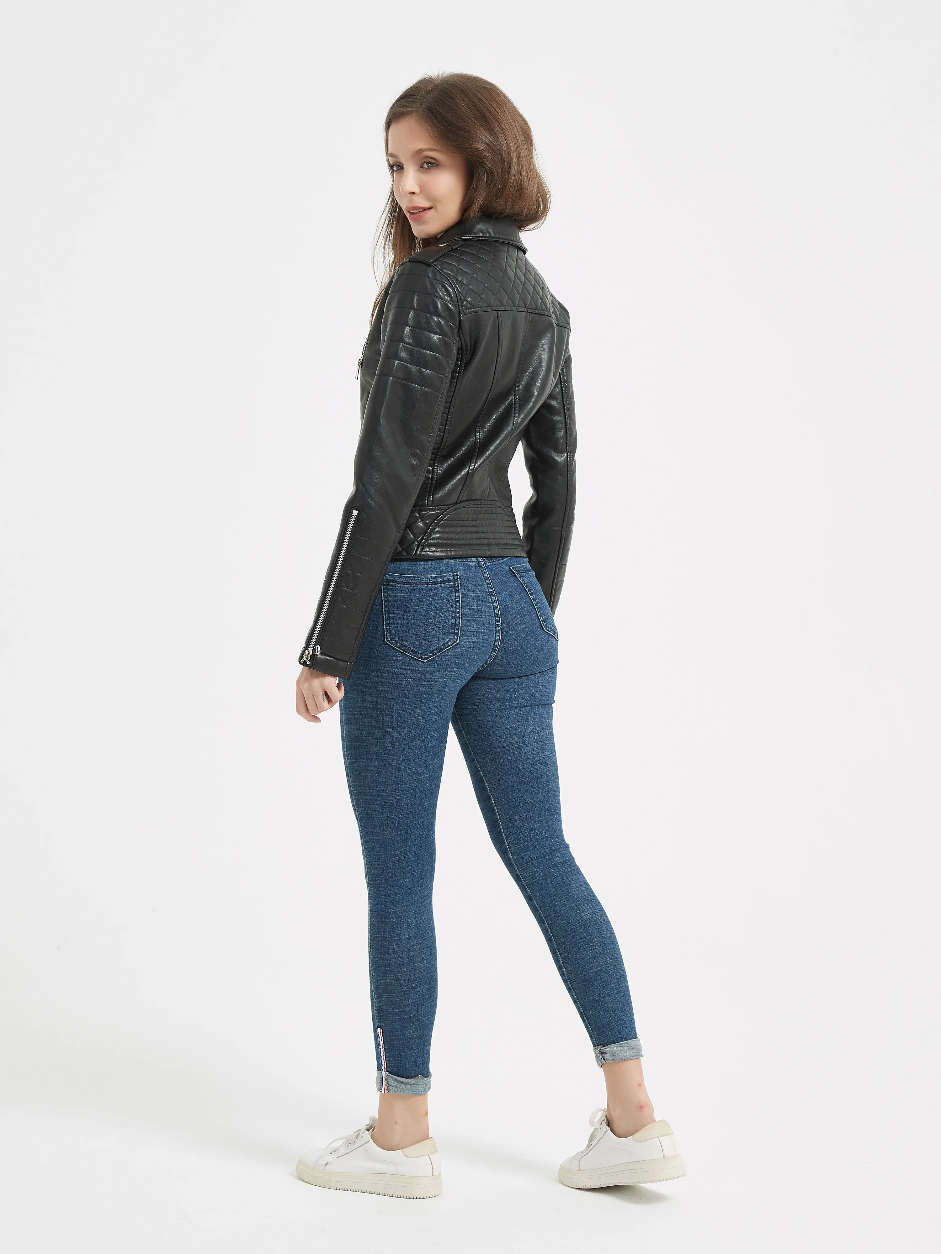 2025 New Spring Autumn Women Faux Pu Leather Short Jacket Embossed Motorcycle Biker Female Zipper Lapel Loose Coat Outwear