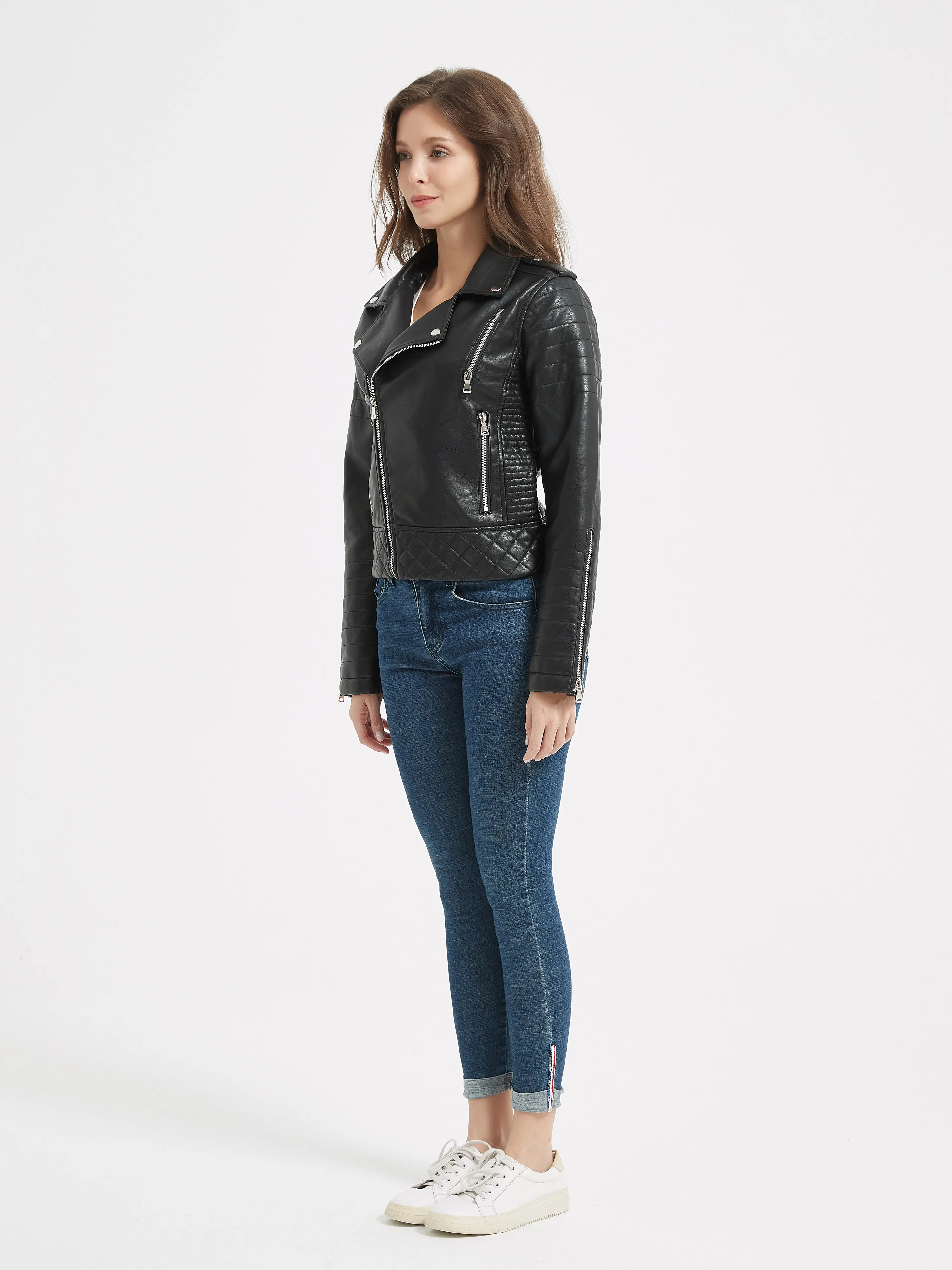 2025 New Spring Autumn Women Faux Pu Leather Short Jacket Embossed Motorcycle Biker Female Zipper Lapel Loose Coat Outwear