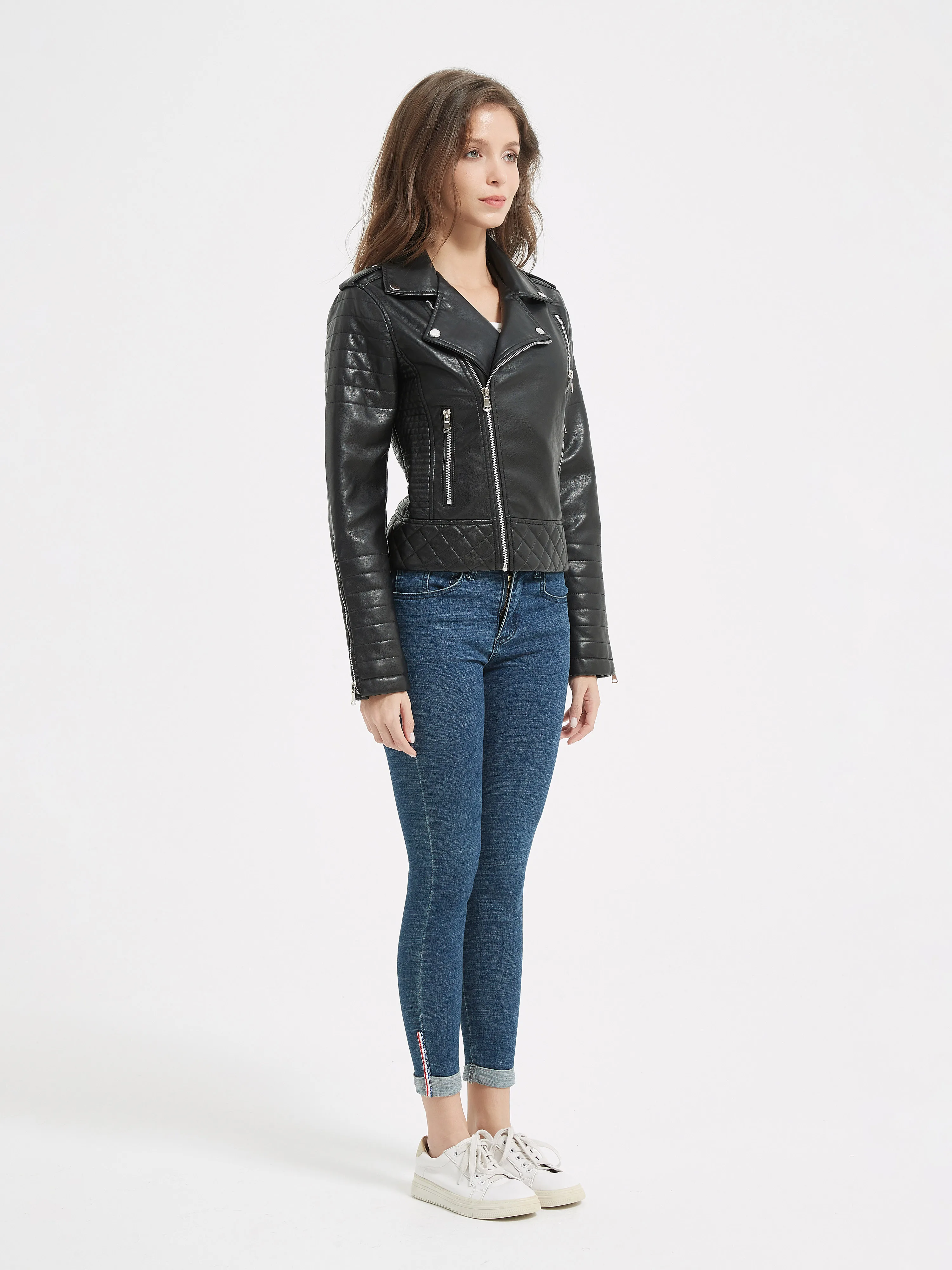 2025 New Spring Autumn Women Faux Pu Leather Short Jacket Embossed Motorcycle Biker Female Zipper Lapel Loose Coat Outwear
