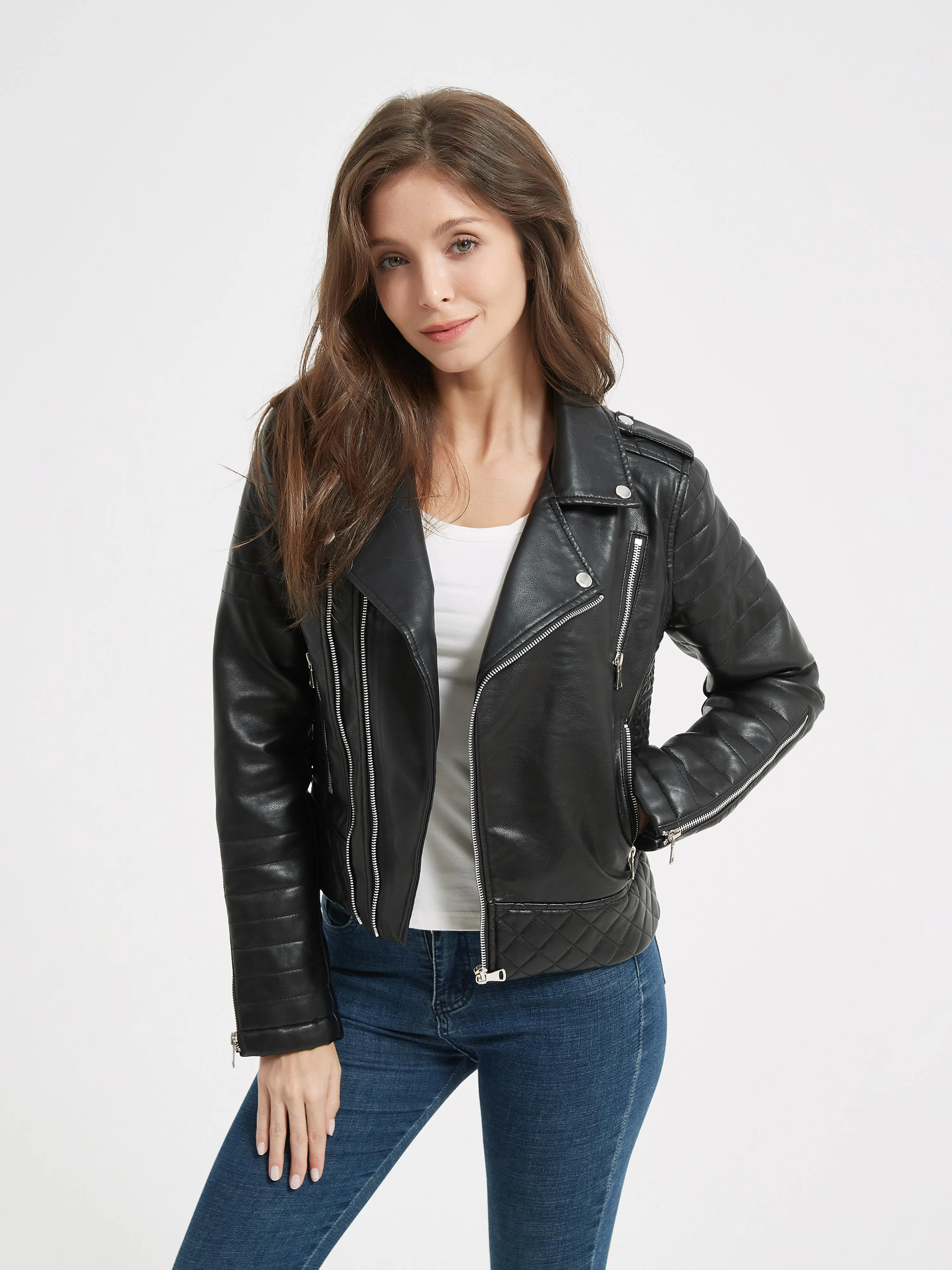 2025 New Spring Autumn Women Faux Pu Leather Short Jacket Embossed Motorcycle Biker Female Zipper Lapel Loose Coat Outwear