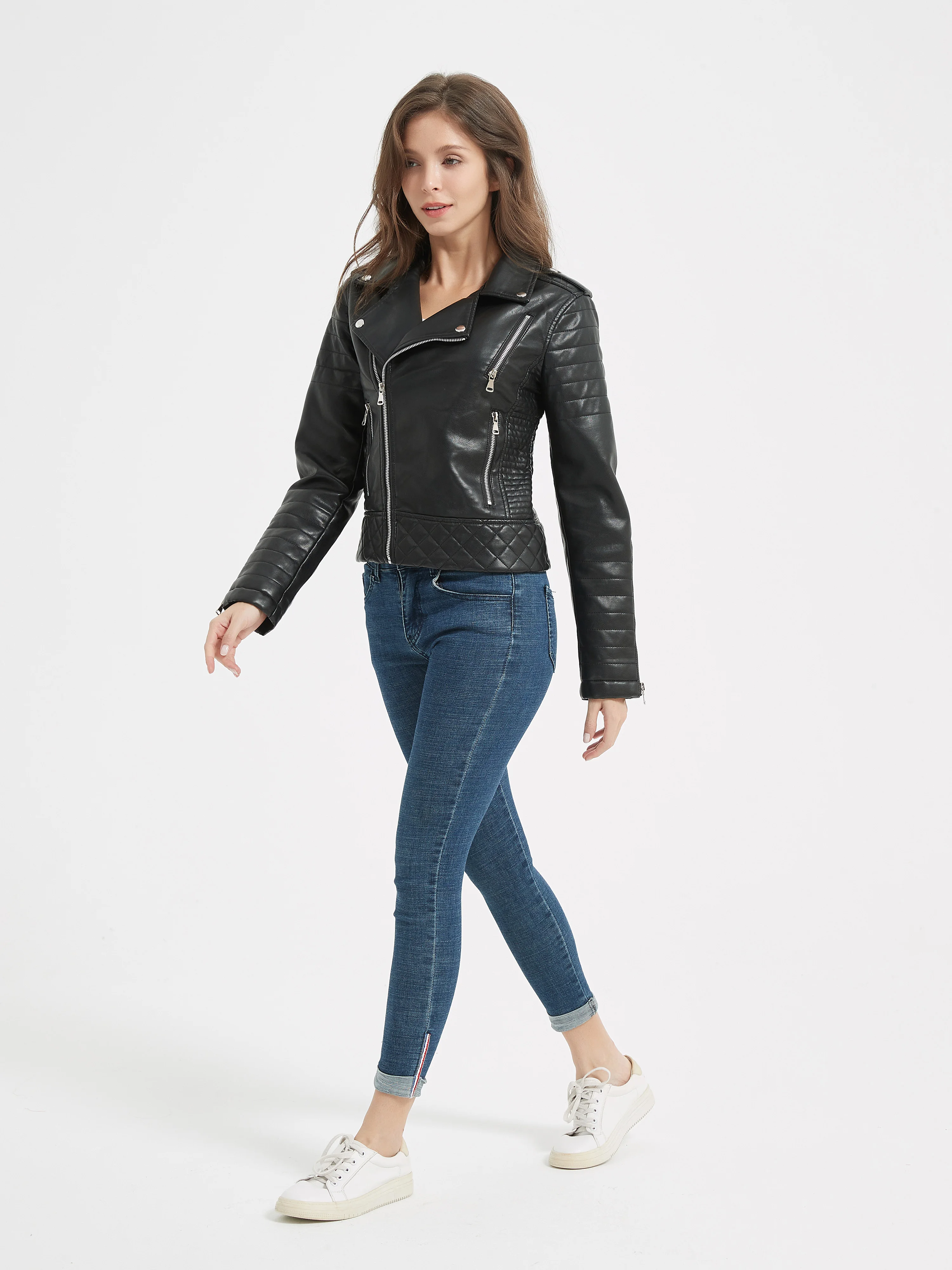 2025 New Spring Autumn Women Faux Pu Leather Short Jacket Embossed Motorcycle Biker Female Zipper Lapel Loose Coat Outwear