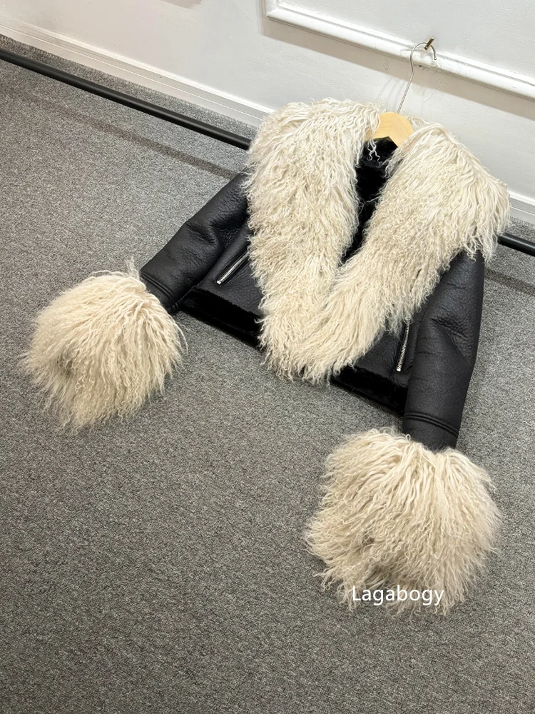 2025 Winter Women Warm Faux Leather Sheepskin Coat Female Zipper Slim Streetwear Moto Biker Jacket Large Real Wool Fur Collar