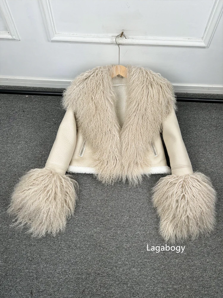 2025 Winter Women Warm Faux Leather Sheepskin Coat Female Zipper Slim Streetwear Moto Biker Jacket Large Real Wool Fur Collar