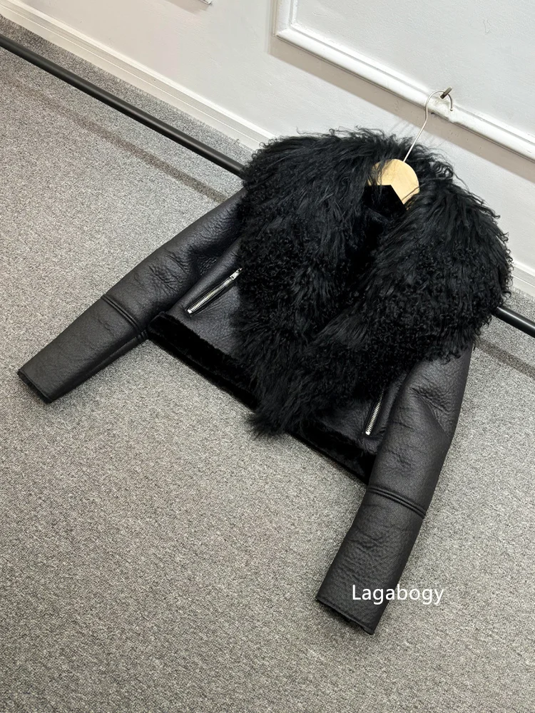 2025 Winter Women Warm Faux Leather Sheepskin Coat Female Zipper Slim Streetwear Moto Biker Jacket Large Real Wool Fur Collar