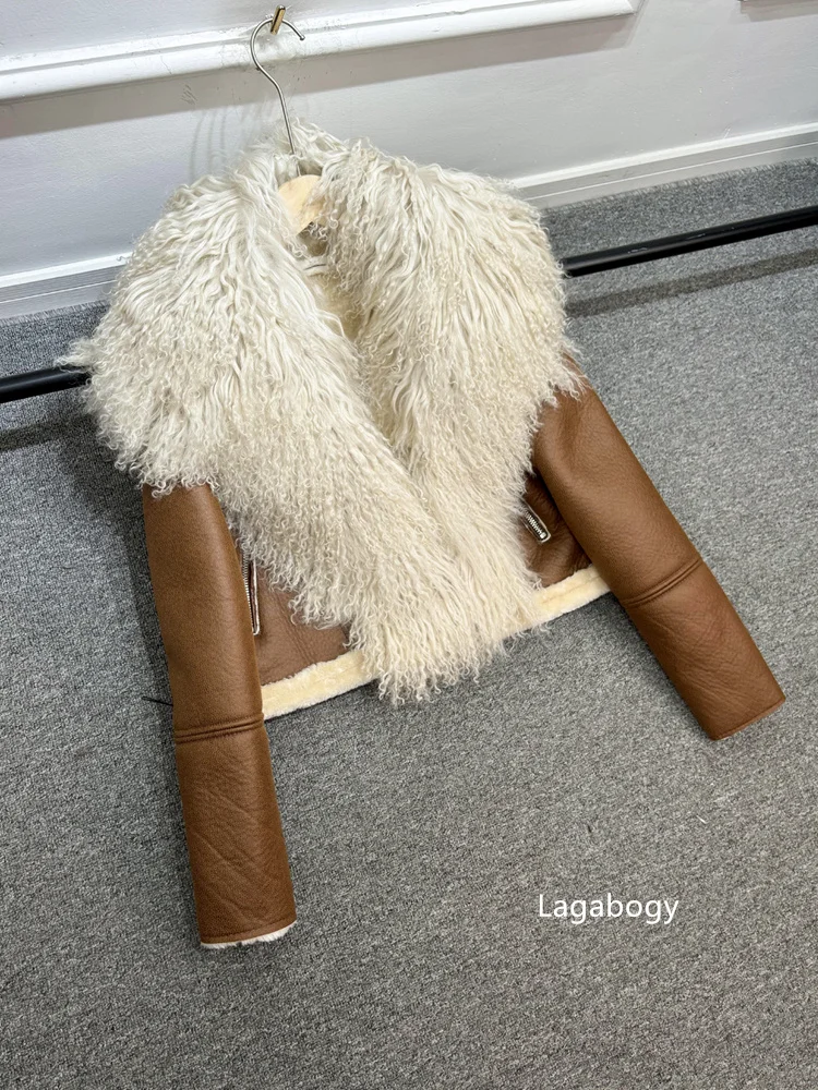 2025 Winter Women Warm Faux Leather Sheepskin Coat Female Zipper Slim Streetwear Moto Biker Jacket Large Real Wool Fur Collar