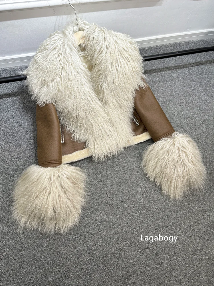 2025 Winter Women Warm Faux Leather Sheepskin Coat Female Zipper Slim Streetwear Moto Biker Jacket Large Real Wool Fur Collar