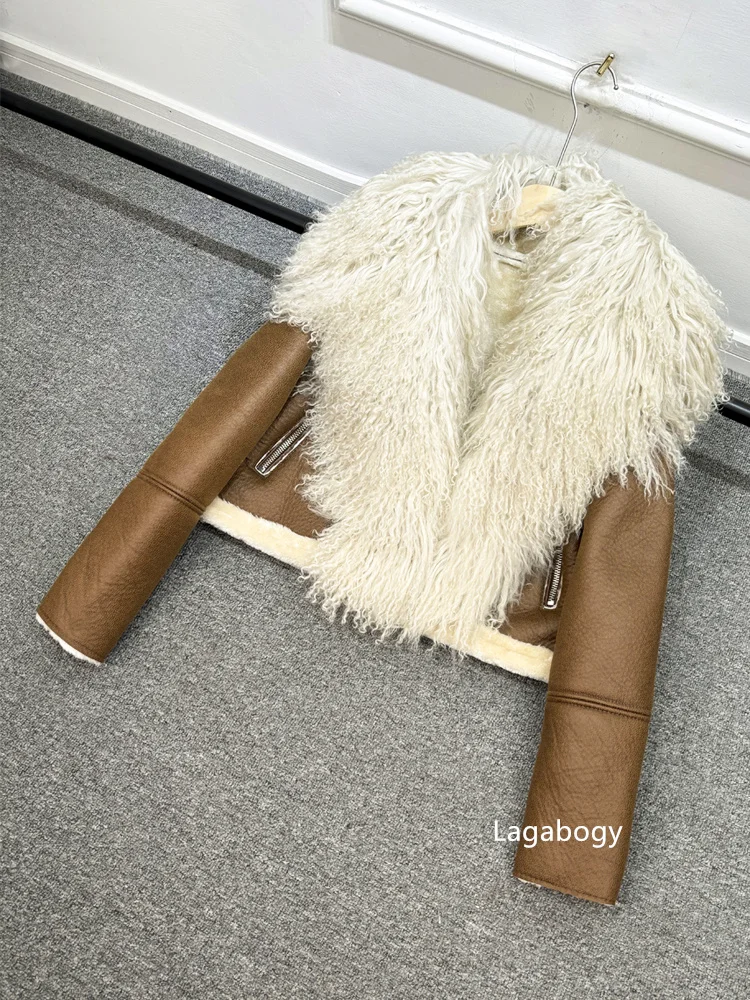 2025 Winter Women Warm Faux Leather Sheepskin Coat Female Zipper Slim Streetwear Moto Biker Jacket Large Real Wool Fur Collar