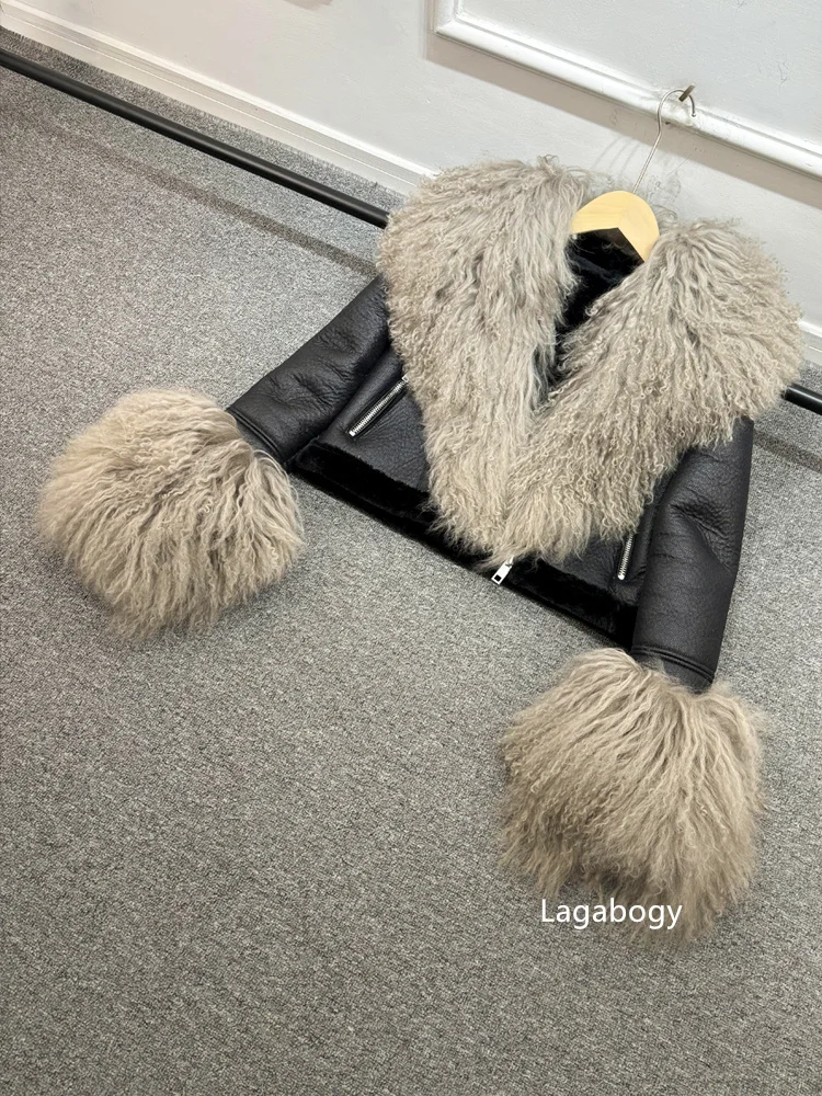 2025 Winter Women Warm Faux Leather Sheepskin Coat Female Zipper Slim Streetwear Moto Biker Jacket Large Real Wool Fur Collar
