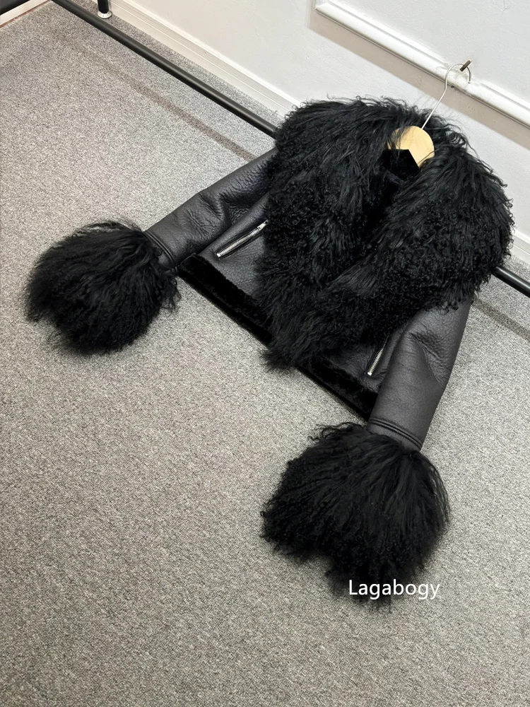 2025 Winter Women Warm Faux Leather Sheepskin Coat Female Zipper Slim Streetwear Moto Biker Jacket Large Real Wool Fur Collar