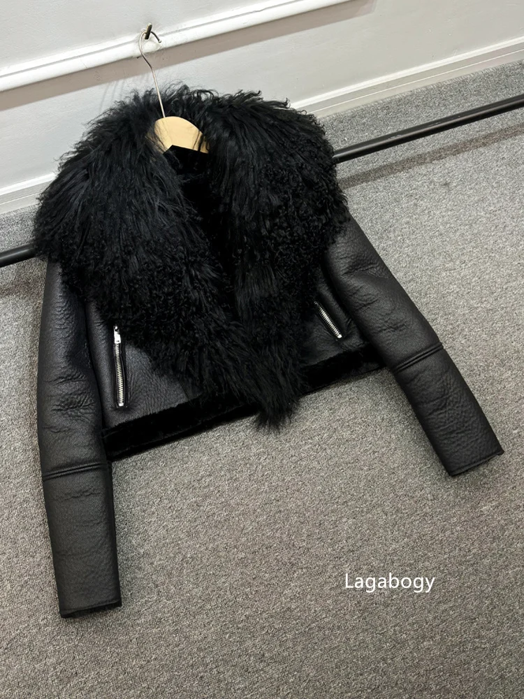 2025 Winter Women Warm Faux Leather Sheepskin Coat Female Zipper Slim Streetwear Moto Biker Jacket Large Real Wool Fur Collar