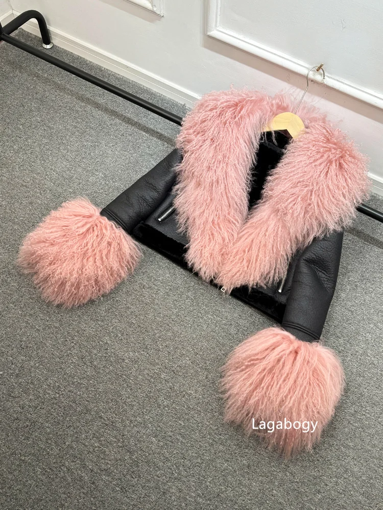 2025 Winter Women Warm Faux Leather Sheepskin Coat Female Zipper Slim Streetwear Moto Biker Jacket Large Real Wool Fur Collar