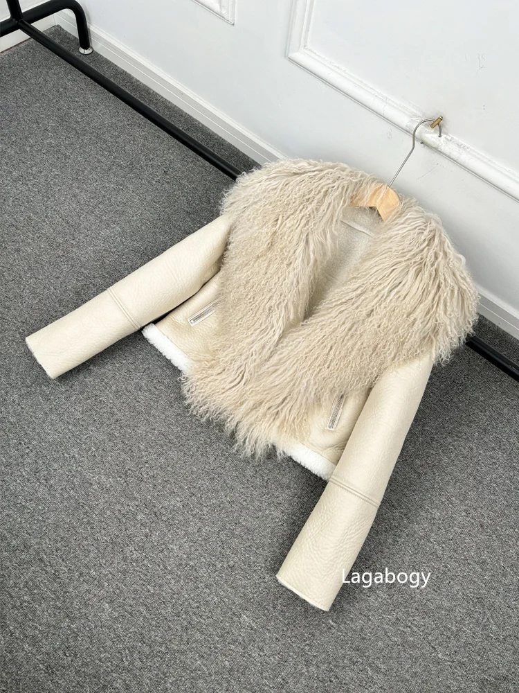 2025 Winter Women Warm Faux Leather Sheepskin Coat Female Zipper Slim Streetwear Moto Biker Jacket Large Real Wool Fur Collar