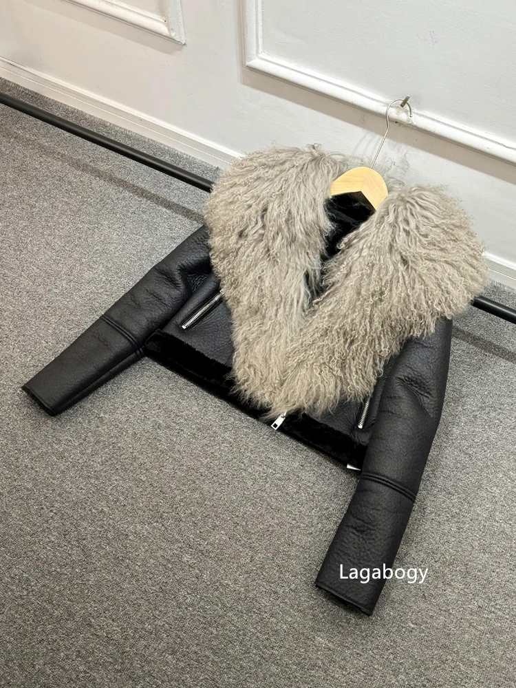 2025 Winter Women Warm Faux Leather Sheepskin Coat Female Zipper Slim Streetwear Moto Biker Jacket Large Real Wool Fur Collar