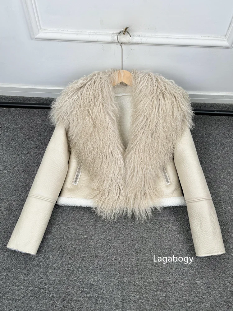 2025 Winter Women Warm Faux Leather Sheepskin Coat Female Zipper Slim Streetwear Moto Biker Jacket Large Real Wool Fur Collar