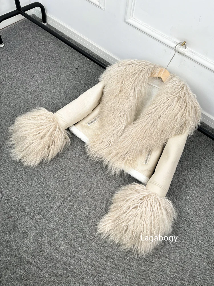2025 Winter Women Warm Faux Leather Sheepskin Coat Female Zipper Slim Streetwear Moto Biker Jacket Large Real Wool Fur Collar