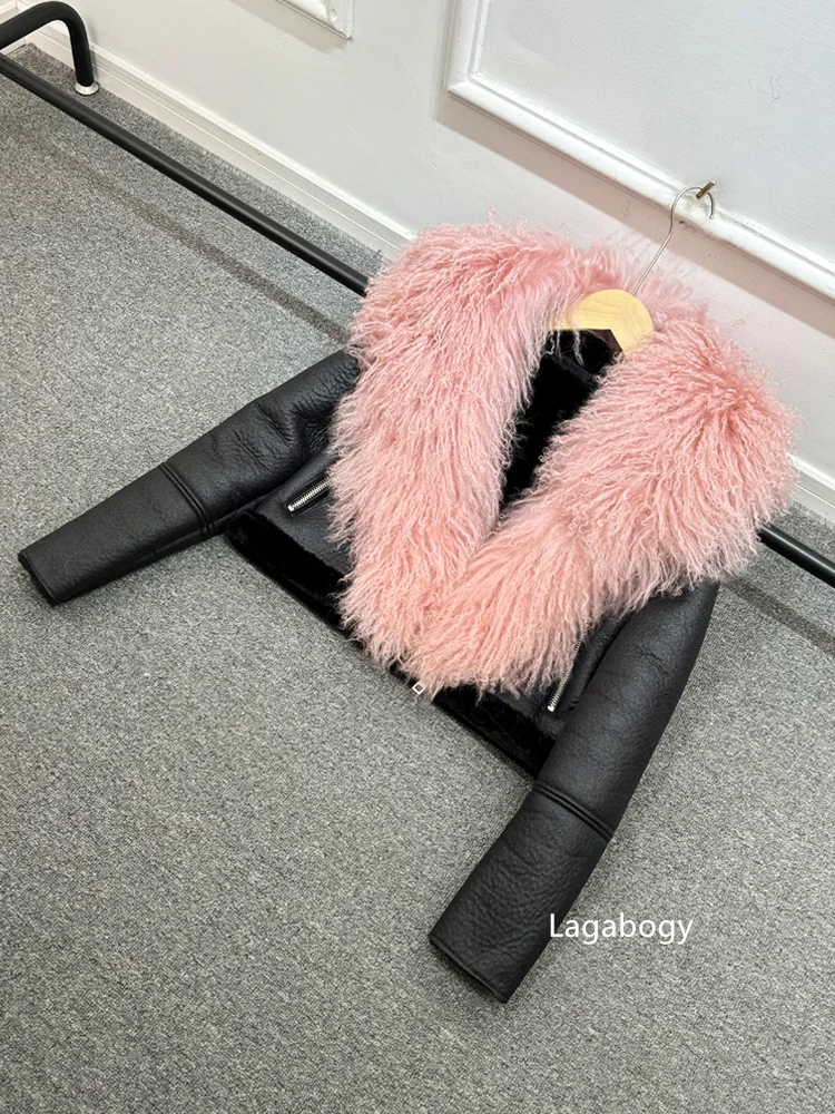 2025 Winter Women Warm Faux Leather Sheepskin Coat Female Zipper Slim Streetwear Moto Biker Jacket Large Real Wool Fur Collar