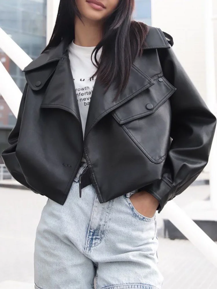 Ailegogo Streetwear Women Moto Biker Loose Short Pu Faux Leather Jacket Spring Autumn Female Big Pocket Coat Outwear
