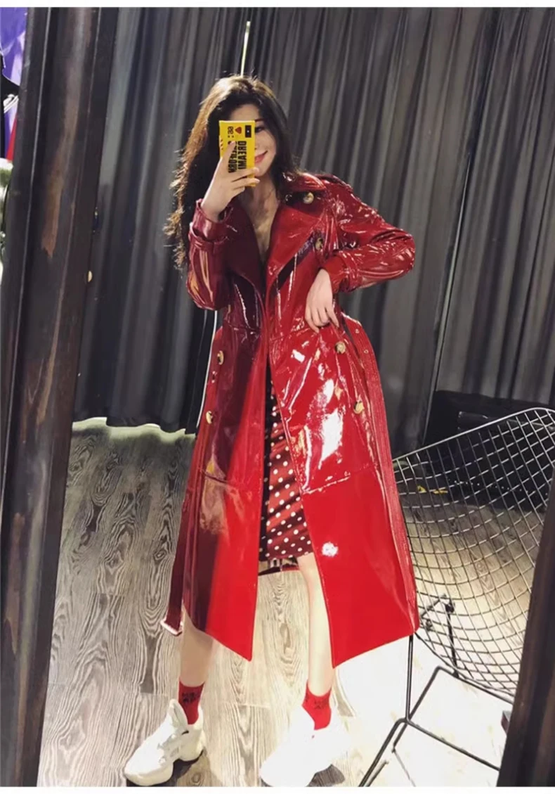 Lautaro Autumn Long Shiny Reflective Patent Faux Leather Trench Coat for Women Sashes Double Breasted Runway European Fashion