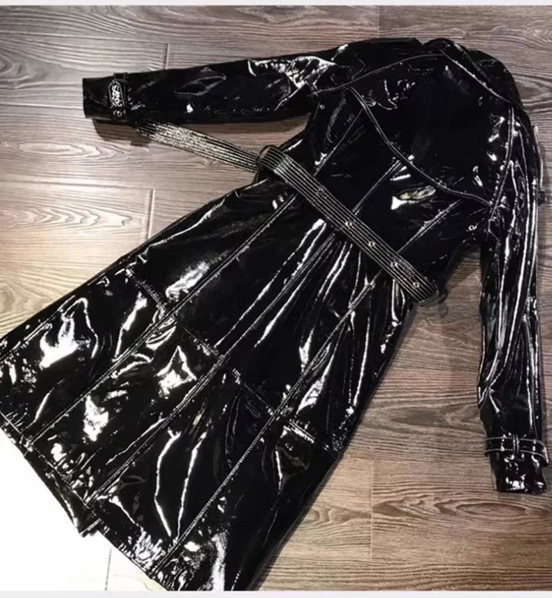 Lautaro Autumn Long Shiny Reflective Patent Faux Leather Trench Coat for Women Sashes Double Breasted Runway European Fashion