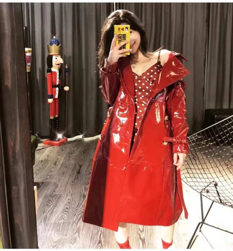 Lautaro Autumn Long Shiny Reflective Patent Faux Leather Trench Coat for Women Sashes Double Breasted Runway European Fashion
