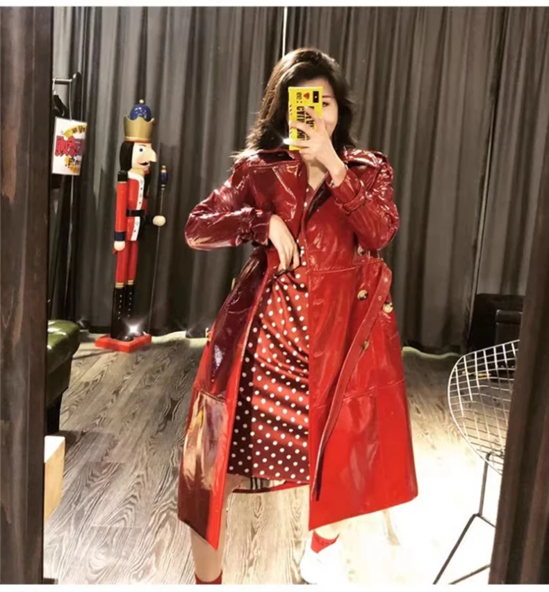 Lautaro Autumn Long Shiny Reflective Patent Faux Leather Trench Coat for Women Sashes Double Breasted Runway European Fashion