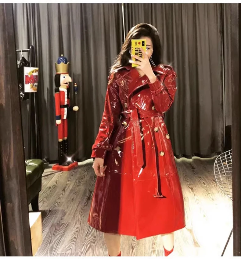 Lautaro Autumn Long Shiny Reflective Patent Faux Leather Trench Coat for Women Sashes Double Breasted Runway European Fashion
