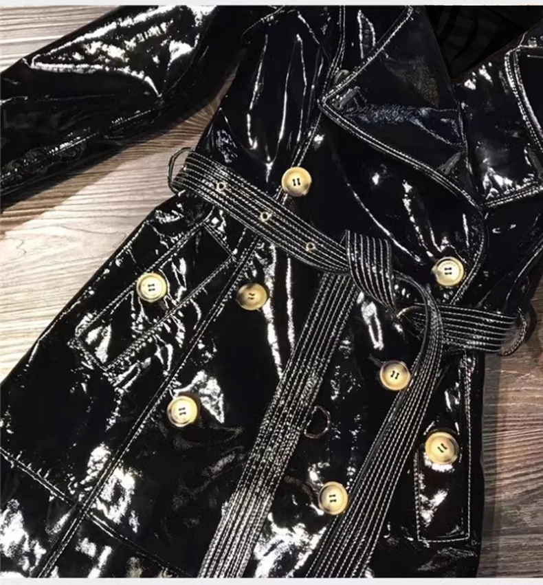 Lautaro Autumn Long Shiny Reflective Patent Faux Leather Trench Coat for Women Sashes Double Breasted Runway European Fashion