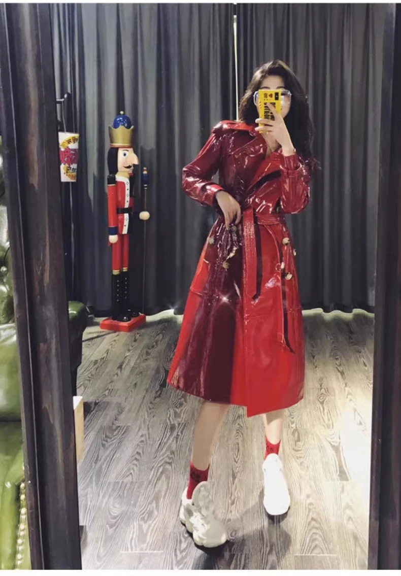 Lautaro Autumn Long Shiny Reflective Patent Faux Leather Trench Coat for Women Sashes Double Breasted Runway European Fashion