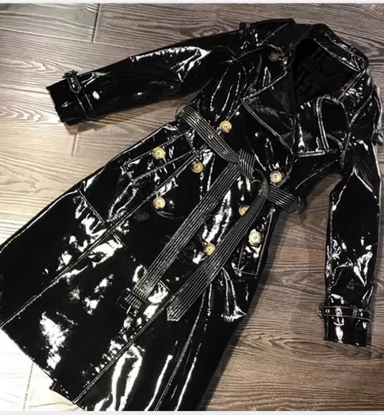 Lautaro Autumn Long Shiny Reflective Patent Faux Leather Trench Coat for Women Sashes Double Breasted Runway European Fashion