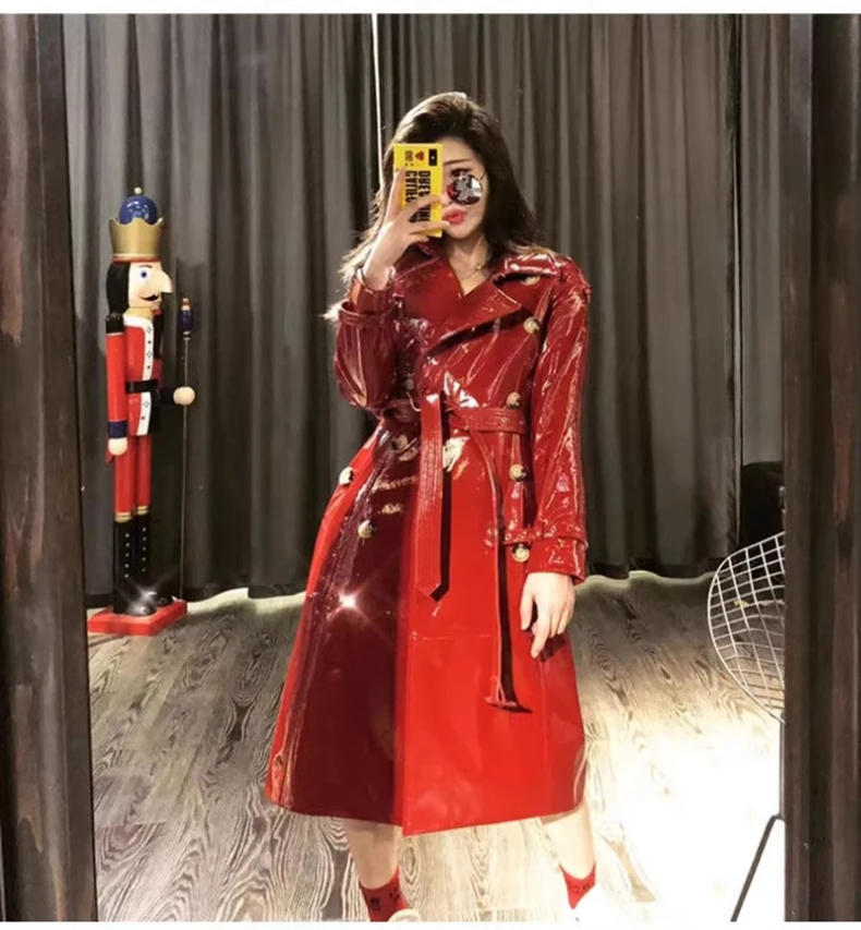 Lautaro Autumn Long Shiny Reflective Patent Faux Leather Trench Coat for Women Sashes Double Breasted Runway European Fashion