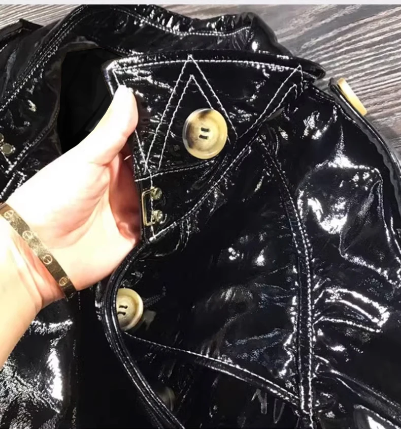 Lautaro Autumn Long Shiny Reflective Patent Faux Leather Trench Coat for Women Sashes Double Breasted Runway European Fashion
