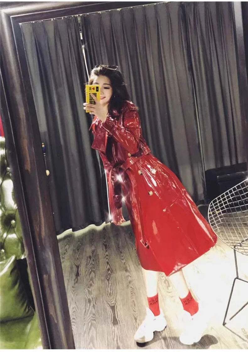 Lautaro Autumn Long Shiny Reflective Patent Faux Leather Trench Coat for Women Sashes Double Breasted Runway European Fashion