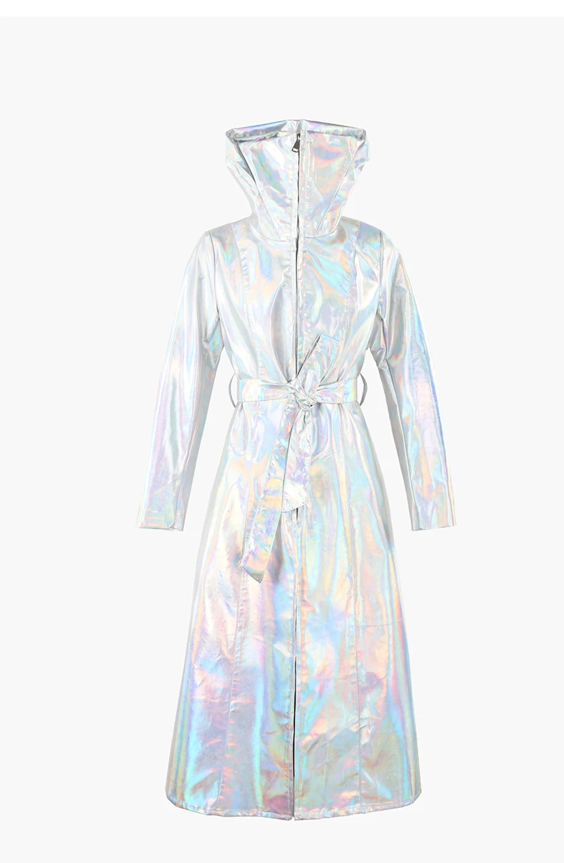 Mauroicardi Spring Long Shiny Reflective Holographic Silver Faux Leather Trench Coat for Women with Hood Zip Up Y2K Streetwear