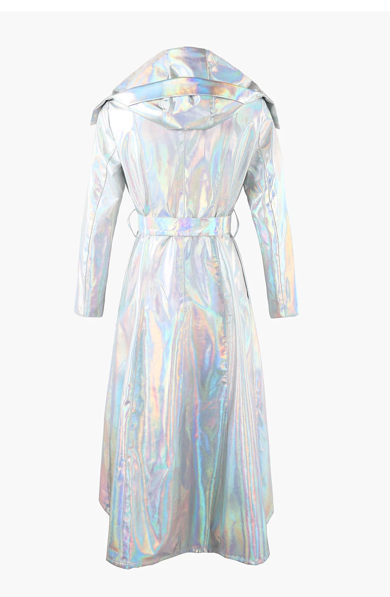Mauroicardi Spring Long Shiny Reflective Holographic Silver Faux Leather Trench Coat for Women with Hood Zip Up Y2K Streetwear