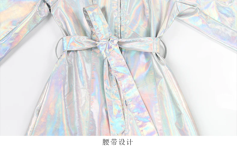Mauroicardi Spring Long Shiny Reflective Holographic Silver Faux Leather Trench Coat for Women with Hood Zip Up Y2K Streetwear