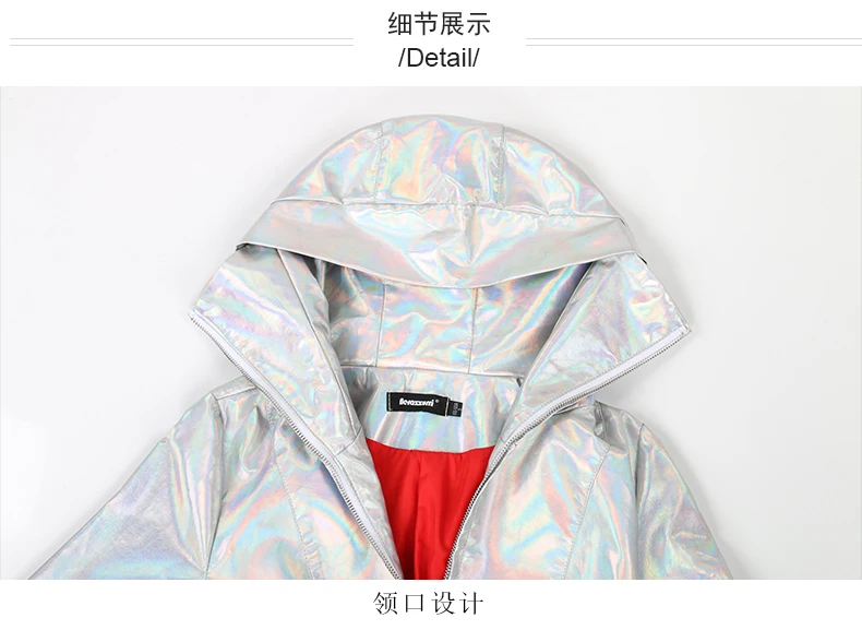 Mauroicardi Spring Long Shiny Reflective Holographic Silver Faux Leather Trench Coat for Women with Hood Zip Up Y2K Streetwear