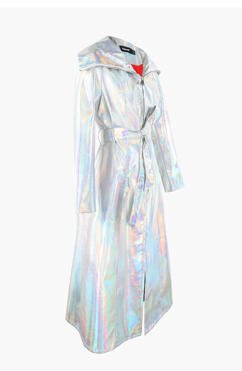 Mauroicardi Spring Long Shiny Reflective Holographic Silver Faux Leather Trench Coat for Women with Hood Zip Up Y2K Streetwear