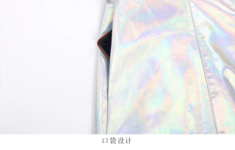 Mauroicardi Spring Long Shiny Reflective Holographic Silver Faux Leather Trench Coat for Women with Hood Zip Up Y2K Streetwear