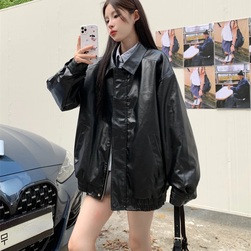 2025 Faux Leather Jacket Women American Vintage Solid Pu Loose Casual Biker Outwear Streetwear Coats Woman
