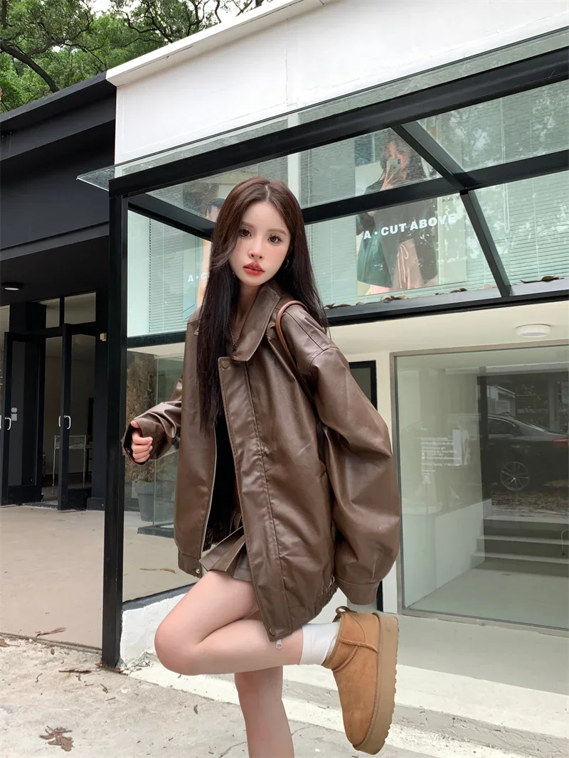 2025 Faux Leather Jacket Women American Vintage Solid Pu Loose Casual Biker Outwear Streetwear Coats Woman