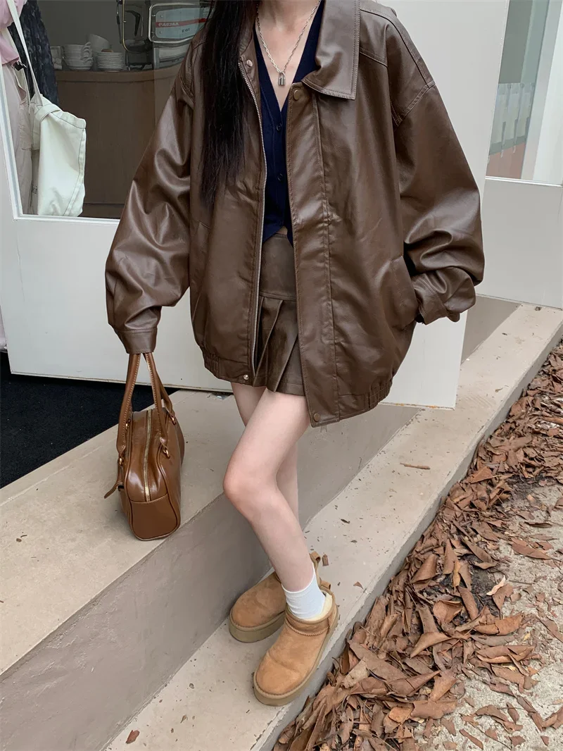 2025 Faux Leather Jacket Women American Vintage Solid Pu Loose Casual Biker Outwear Streetwear Coats Woman